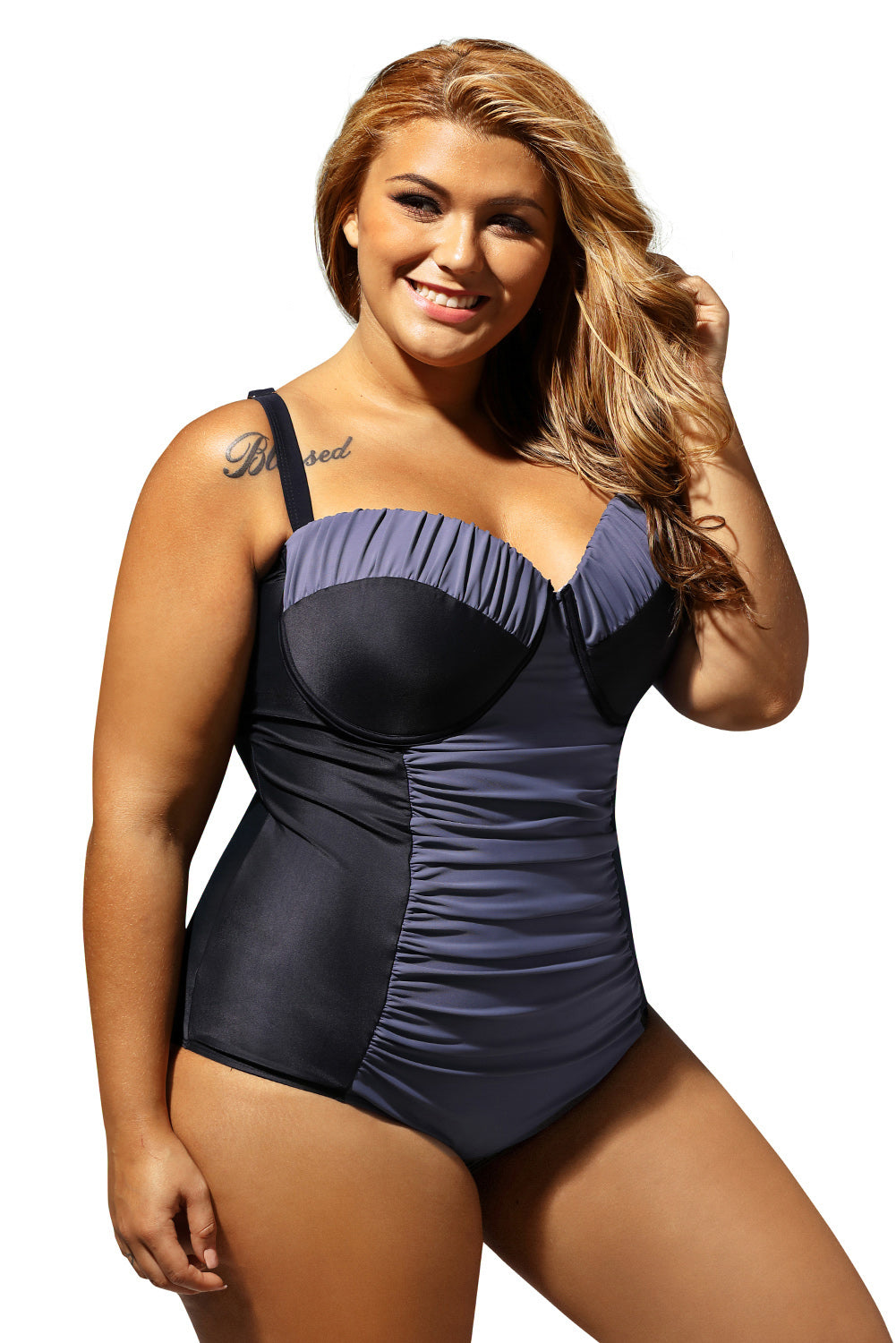 Black-Grey-Color-Block-Ruched-Plus-One-Piece-Swimsuit