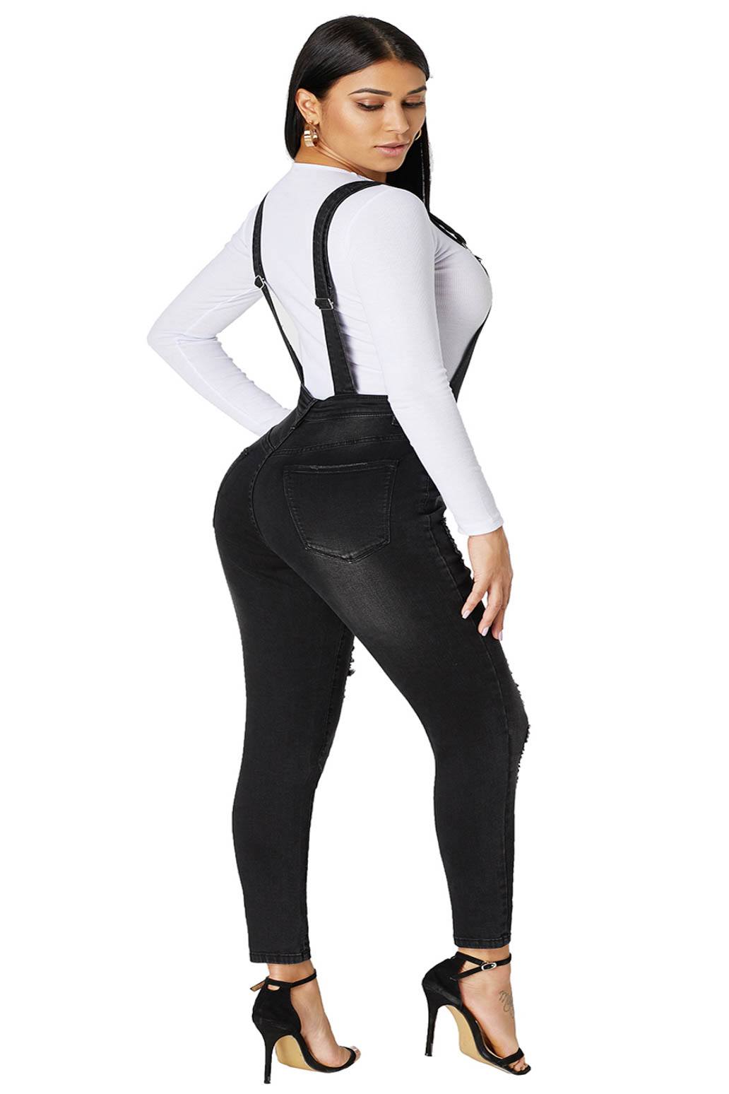 Black distressed denim dungarees