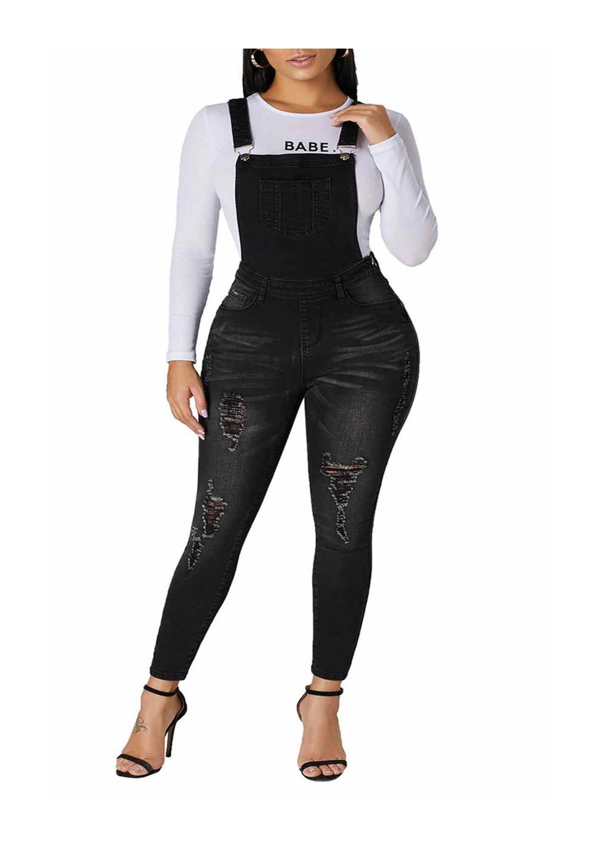 Black distresses denim dungarees