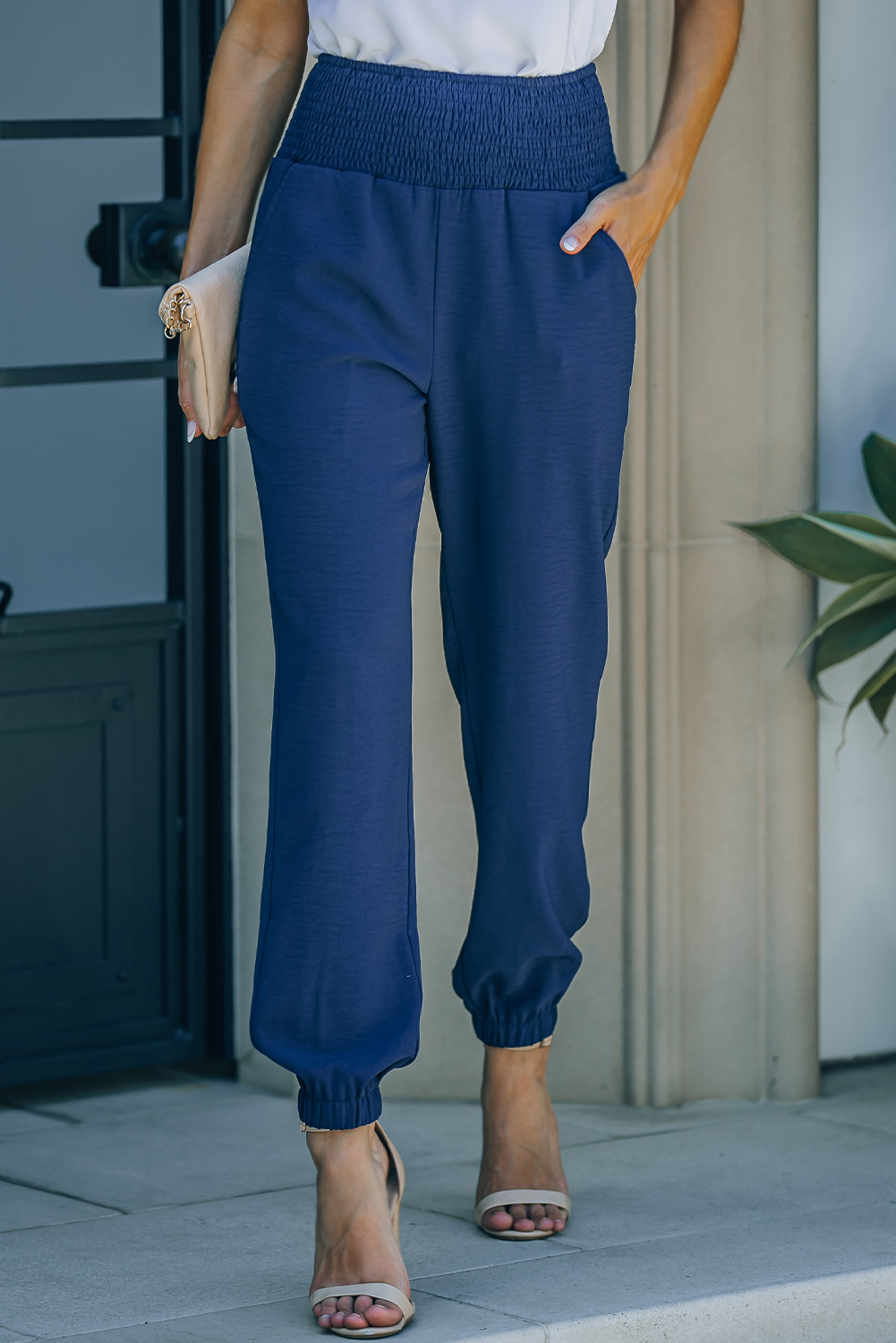 Blue smoked waist casual pants