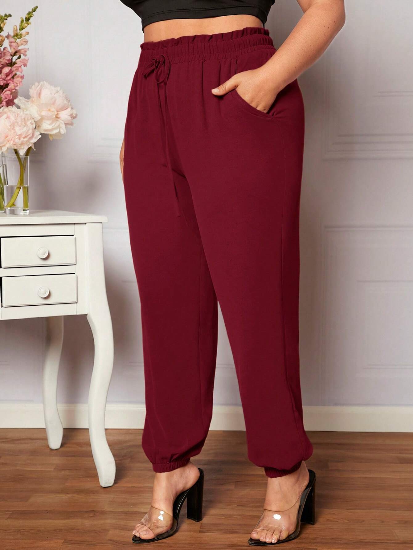Wine Elastic Waist and Cuff Joggers